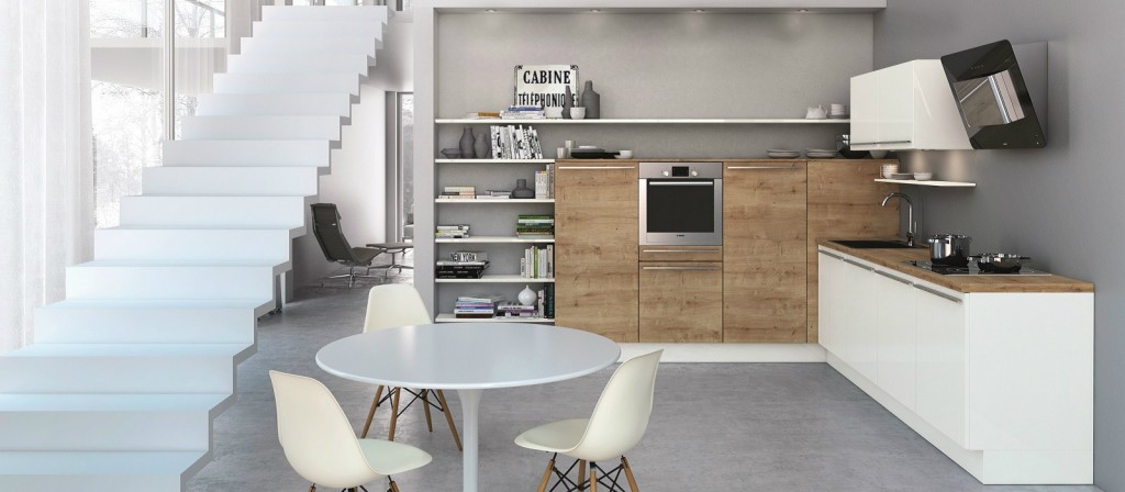 Un exemple de cuisine américaine ergonomique par Cuisines Aviva. Cuisine contemporaine à  3 490,00 € (Electroménagers inclus)